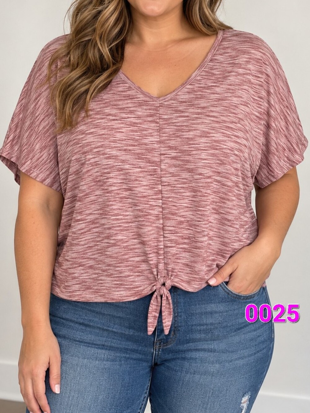 Como Vintage Dusty Rose Heather V-Neck Tie-Front Top - XL